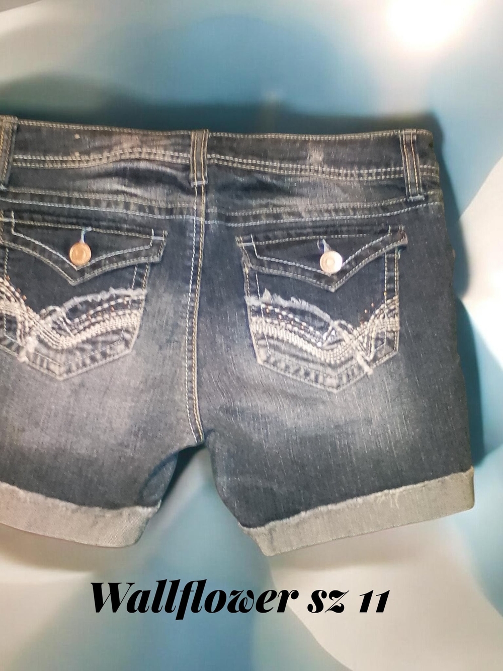 Wallflower Dark Wash Denim Jean Shorts with Embroidered Back Pockets